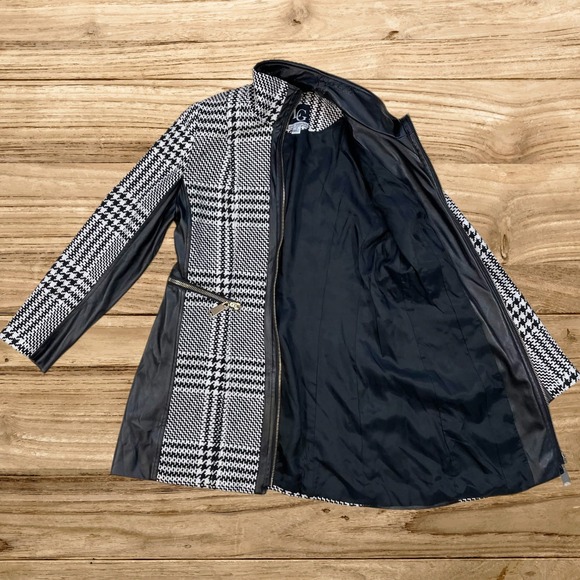 Lena Gabrielle Womens Sz 10 Houndstooth Faux Leather Trim Zip Jacket Black White - Picture 2 of 13